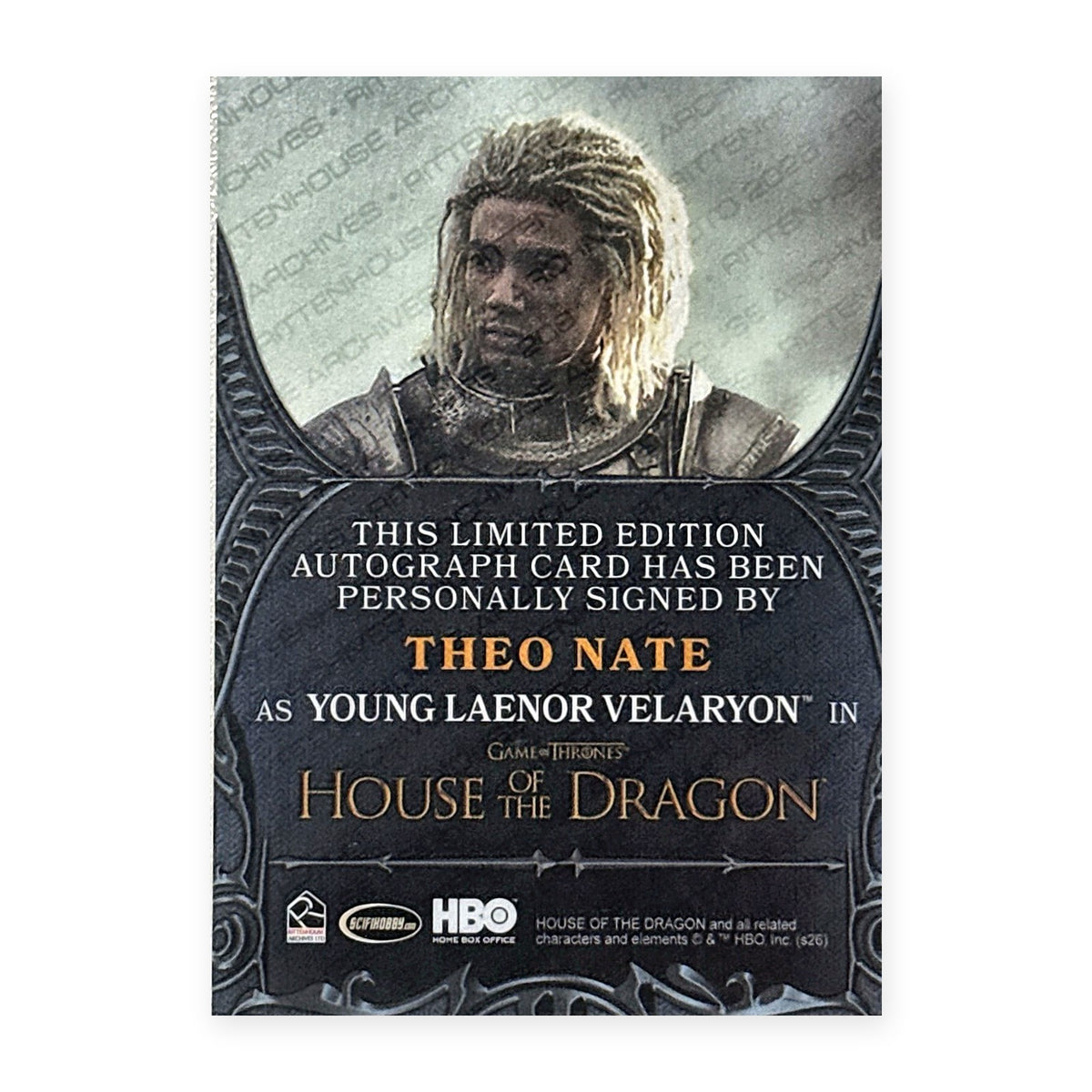 Theo Nate Young Laenor Velaryon Autograph HotD Series 2 Rückseite