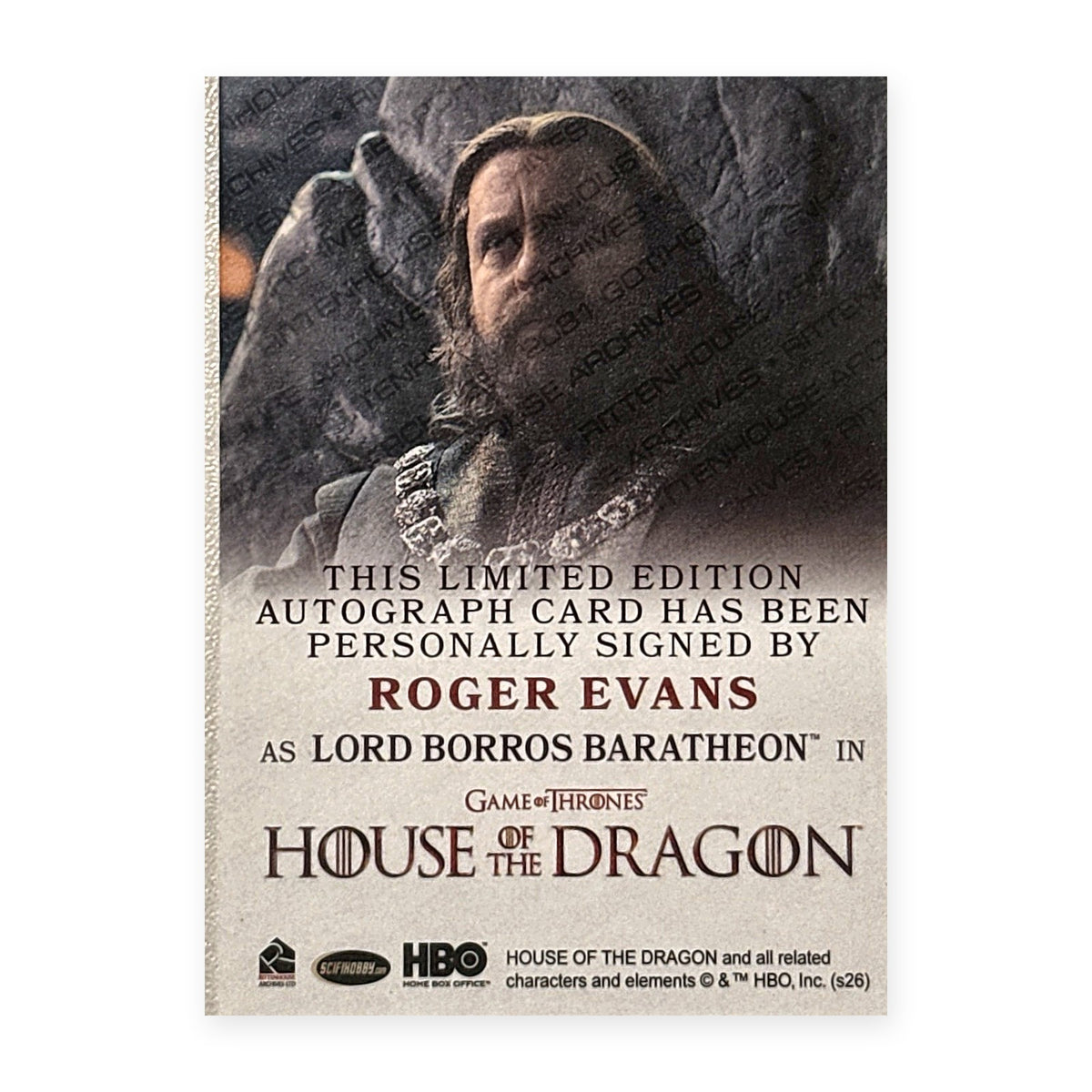 Roger Evans Lord Borros Baratheon Autograph HotD Series 2 Rückseite