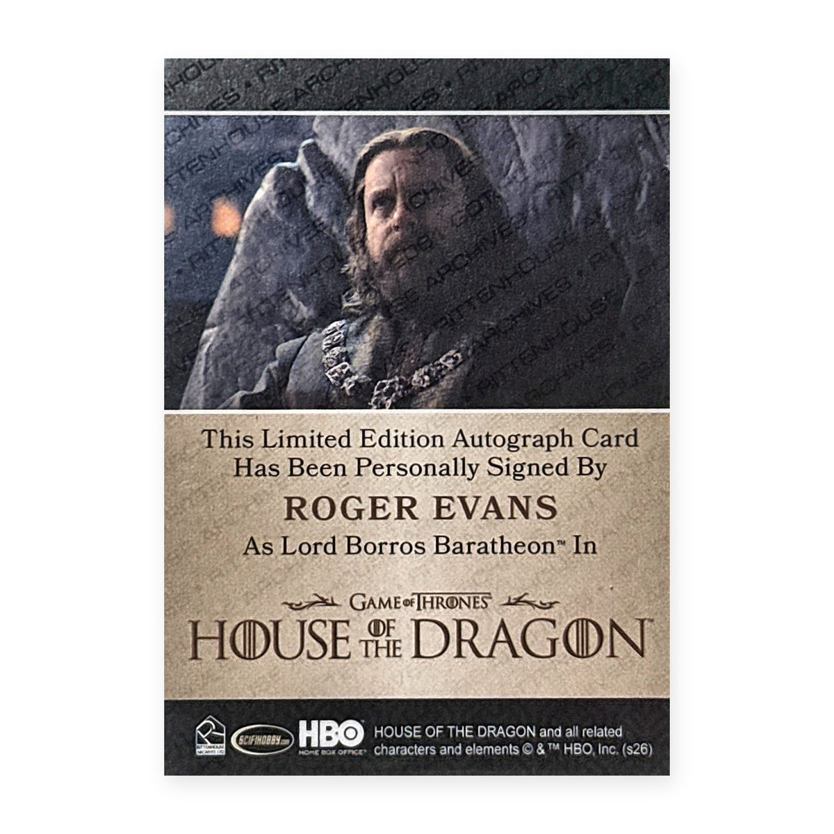 Roger Evans Lord Borros Baratheon Autograph HotD Series 2 Rückseite