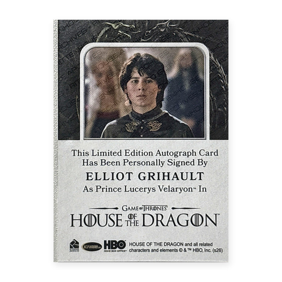 Elliot Grihault Prince Lucerys Velaryon Autograph HotD Series 2 Rückseite