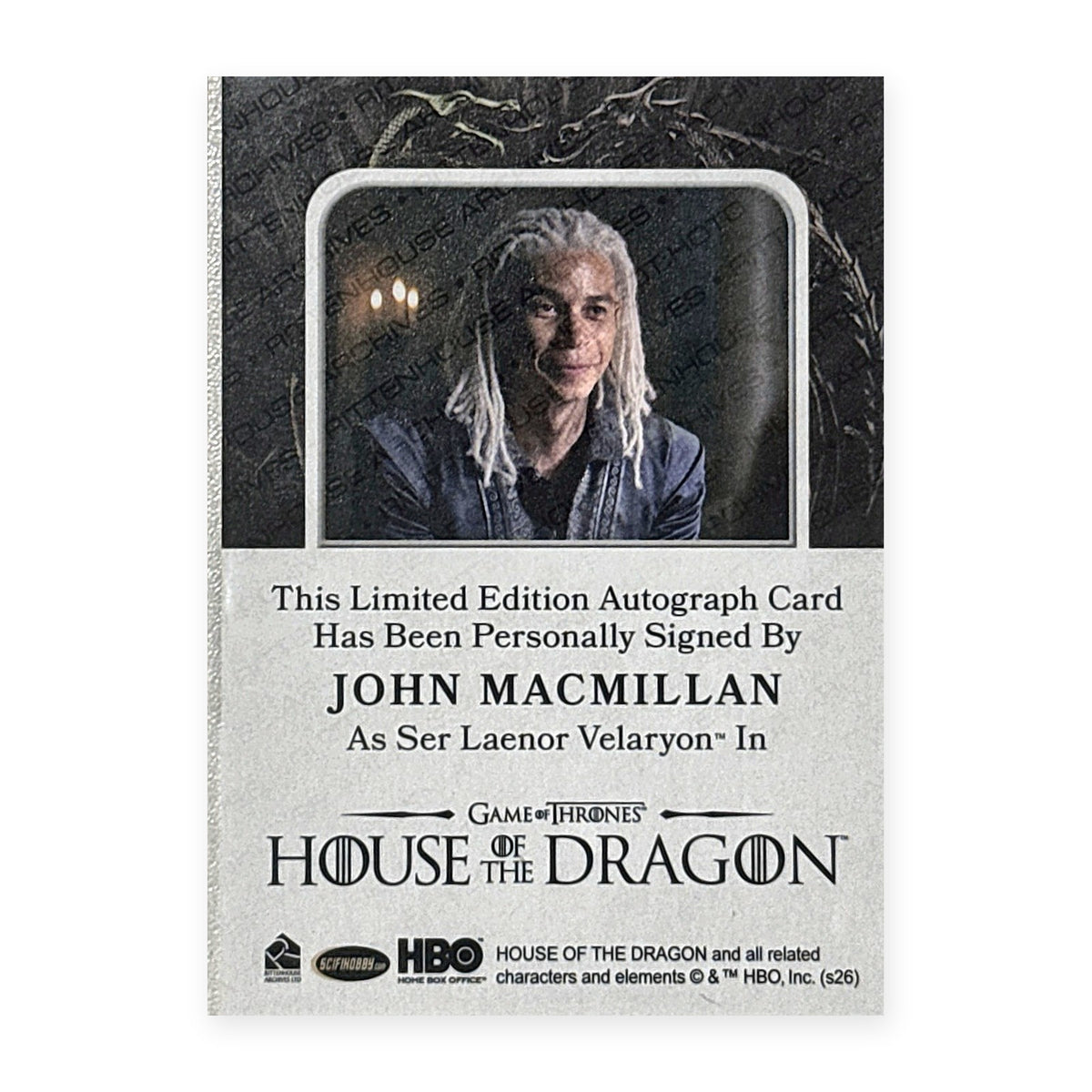 John Macmillan Ser Laenor Velaryon Autograph HotD Series 2 Rückseite